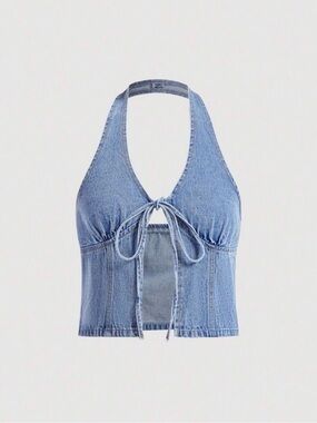 Denim Tie-Front Halter Crop Top